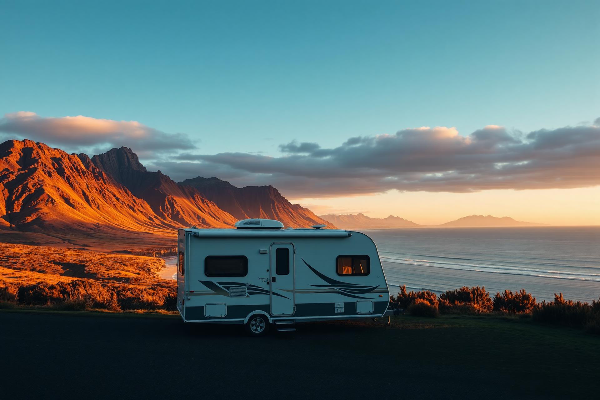 Caravan parked at sunset on the New Zealand coast